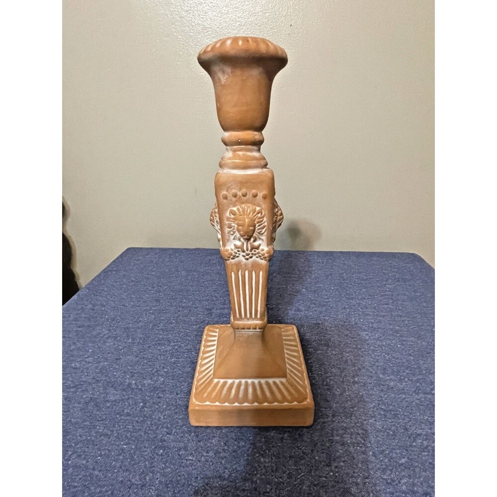 Vintage Pair Of Unglazed Terra Cotta Lion Head Candle Sticks